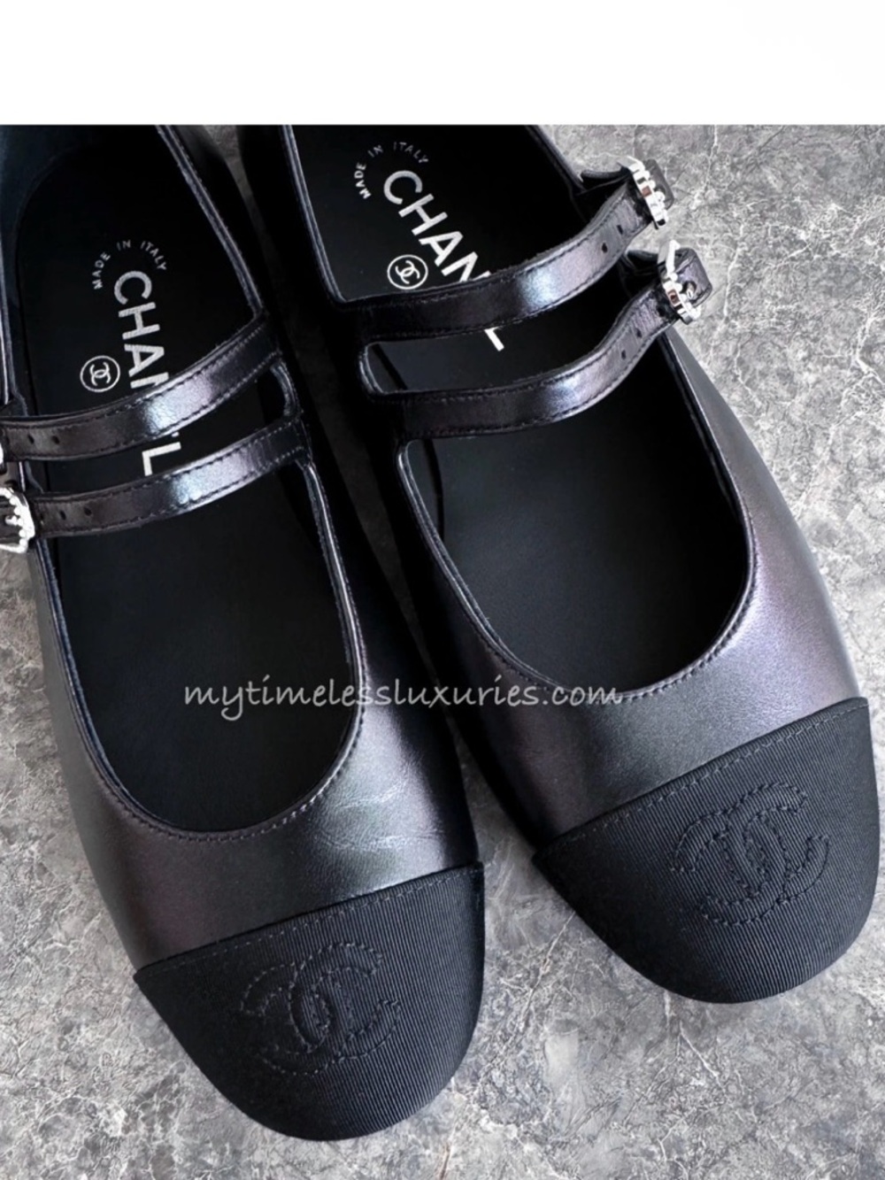 NWOT Chanel Navy Blue/Black Double-Strap Embellished Mary Jane Flat 38